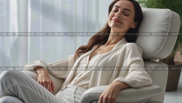 Happy millennial Caucasian woman sit in cozy chair in design home stretch relax breathe fresh air. Smiling young female renter or tenant rest in armchair relieve negative emotions enjoying weekend. Стоковое AI-видео, аниматор Sergey Grishin / Фотобанк Лори