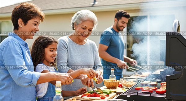 Happy multi-generational family having summer barbecue in backyard, grandmother, mother and daughter cooking together outdoors while man grills meat. Стоковое AI-изображение, AI-художник Павел Муравьев / Фотобанк Лори