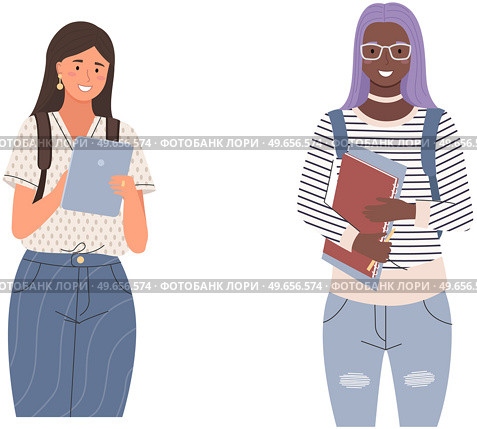Happy multinational school pupils or college students standing with books. Portrait of smiling people with backpacks. Diverse college, female university students, multicultural women studying. Diverse college, female university students, women, multinational school pupils with books studying. Стоковая иллюстрация, агентство Ingram Publishing / Фотобанк Лори