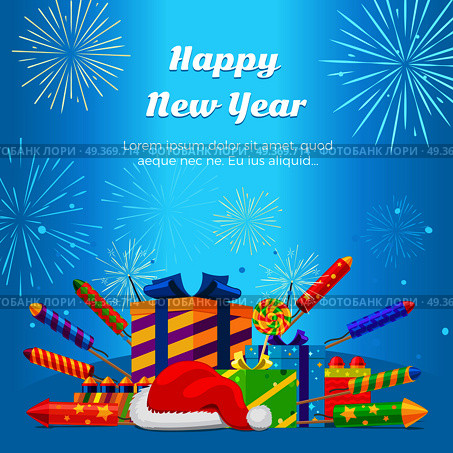 Happy New Year 2017. Collection of colourful fireworks, gift boxes, Santa Claus hat on blue background. Attributes of New year lollipop and winter decorations on greeting card. Vector illustration.. Happy New Year 2017. Set of Fireworks, Gift Boxes. Стоковая иллюстрация, агентство Ingram Publishing / Фотобанк Лори
