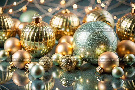 Happy New Year 2025. Beautiful Christmas background, banner made of glass Christmas balls. Стоковое AI-изображение, AI-художник Photojuli / Фотобанк Лори