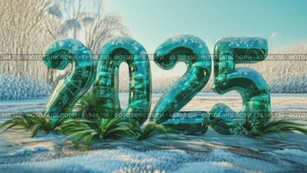 Happy new year 2025 holiday background with numbers 2025. Glittering 2025 green plant 3D text on snow background, greeting card, Christmas and new year celebration, holiday season, sparkling light. Стоковое AI-видео, аниматор Ирина Михайличенко / Фотобанк Лори