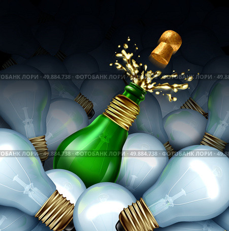Happy new year idea concept as a group of light bulbs and a green glass Champagne or sparkling wine bottle shaped as a lightbulb with splash and flying cork as a celebration symbol of original creative party planning for New year’s eve. Стоковое фото, агентство Ingram Publishing / Фотобанк Лори