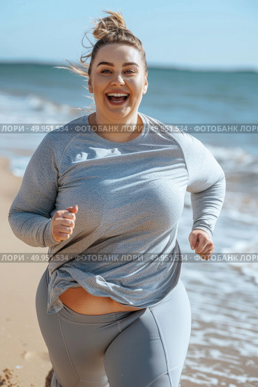 Happy overweight woman running on the sandy beach with her midriff uncovered, enjoying the outdoor exercise and the ocean breeze. Стоковое AI-изображение, AI-художник Данила Большаков / Фотобанк Лори