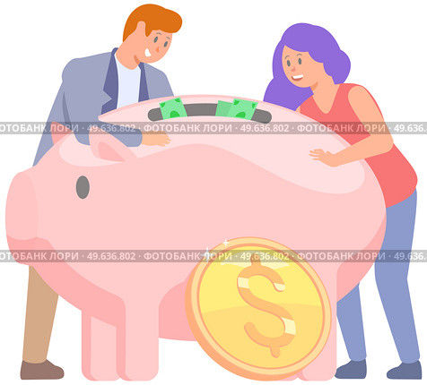 Happy people around piggy bank. Pink storage device for coins and dollar bills. Money accumulation concent. Pig shaped money storage container. Rich characters amass wealth vector illustration. Happy people around piggy bank. Storage device for coins money. Rich characters amass wealth. Стоковая иллюстрация, агентство Ingram Publishing / Фотобанк Лори