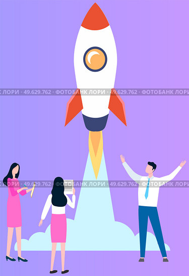Happy people cheerfully escort space rocket upward, wave hand. Project start up and development process. Innovation product creative idea. Successful business management for new plan, forward control. Happy people cheerfully escort space rocket upward. Project start up and development process. Стоковая иллюстрация, агентство Ingram Publishing / Фотобанк Лори