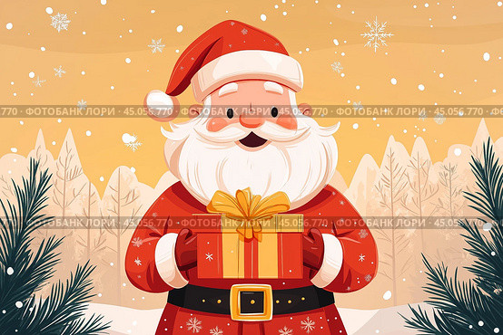 Happy Saint Nicholas Day. St.Nicolas holding gift. Winter holiday. Стоковое AI-изображение, AI-художник Ирина Ручушкина / Фотобанк Лори