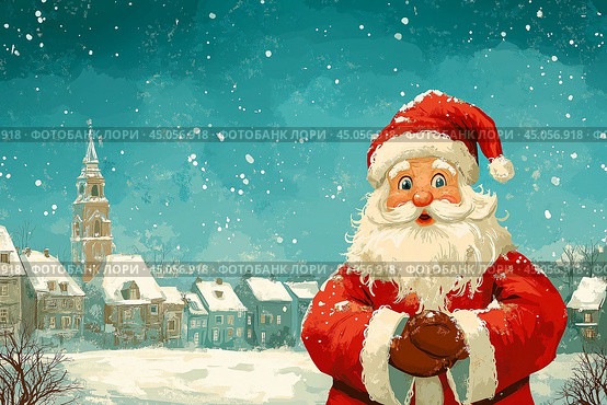 Happy Saint Nicholas Day. St.Nicolas holding gift. Winter holiday. Стоковое AI-изображение, AI-художник Ирина Ручушкина / Фотобанк Лори
