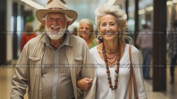 Happy senior tourist couple walking in shopping mall. Стоковое AI-видео, аниматор Юрий Поздников / Фотобанк Лори