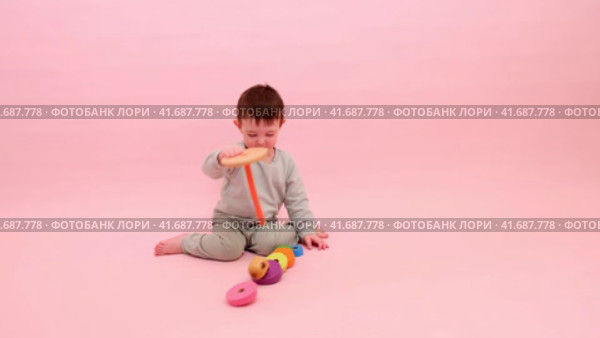 Happy toddler baby plays with a pyramid on a studio pink background. Child boy puts wooden rings on a toy pyramid. Kid age one year eight months, full height. Стоковое видео, видеограф Андрей Журавлев / Фотобанк Лори