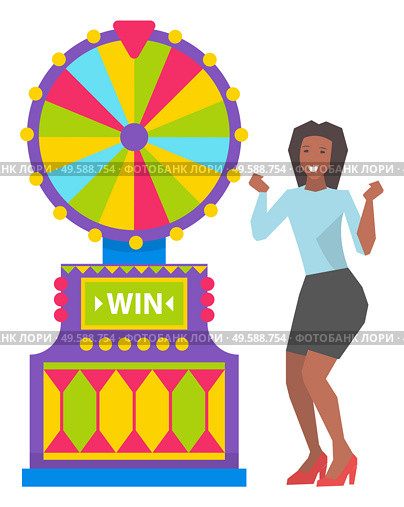 Happy women winner, game machine, gambling object. Smiling female playing roulette or fortune, casino equipment, lucky person, entertainment vector. Woman Winning, Fortune Machine, Casino Vector. Стоковая иллюстрация, агентство Ingram Publishing / Фотобанк Лори