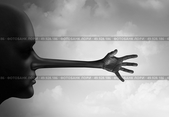 Harassment lie as a guilty person who sexually assaults or abuses as a human head with a liar long nose with a grabbing groping hand in a 3D illustration style. Стоковое фото, агентство Ingram Publishing / Фотобанк Лори