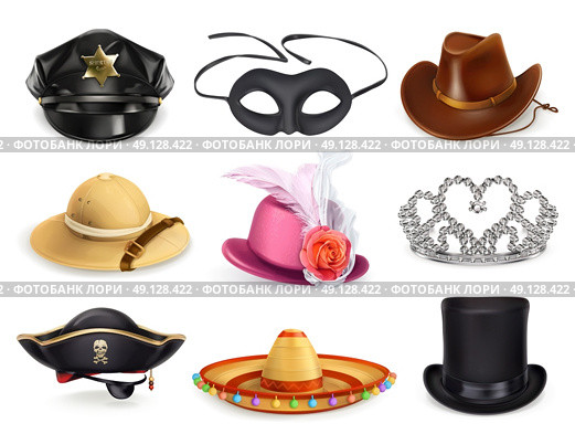 Hats set, collection of headgear, vector icons. Стоковая иллюстрация, агентство Ingram Publishing / Фотобанк Лори