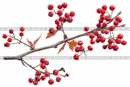 Hawthorn branch showing red berries and autumn leaves on white background. Стоковое AI-изображение, AI-художник Иван Рябоконь / Фотобанк Лори