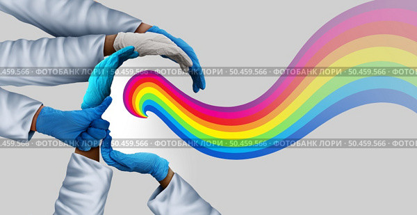 Healthcare Medical hope Community and health care workers or frontline medical group and patients teamwork as a group of doctors and nurses joining together as physicians with a rainbow in a 3D illustration style. Стоковое фото, агентство Ingram Publishing / Фотобанк Лори