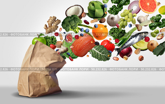 Healthy grocery supermarket concept and nutritional food groceries as fruit vegetables nuts fish and beans coming out of a paper bag as a natural diet as an image composite. Стоковое фото, агентство Ingram Publishing / Фотобанк Лори