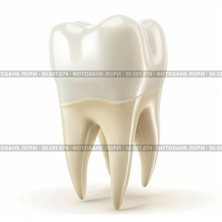 Healthy human tooth shining on white background representing dental hygiene. Стоковое AI-изображение, AI-художник Иван Рябоконь / Фотобанк Лори