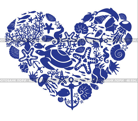 Heart is made of fishes, korals, shells, starfishes, dolphins, seahorses, tortillas. Стоковая иллюстрация, агентство Ingram Publishing / Фотобанк Лори