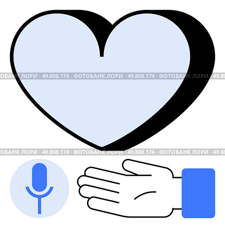 Heart, outstretched hand, microphone with blue, black, white colors. Ideal for themes thumbs up compassion, support, expression voice kindness assistance charity. Line metaphor. Hand Holding a Heart with a Microphone Symbol of Voice and Compassion in Blue and Black. Стоковая иллюстрация, агентство Ingram Publishing / Фотобанк Лори