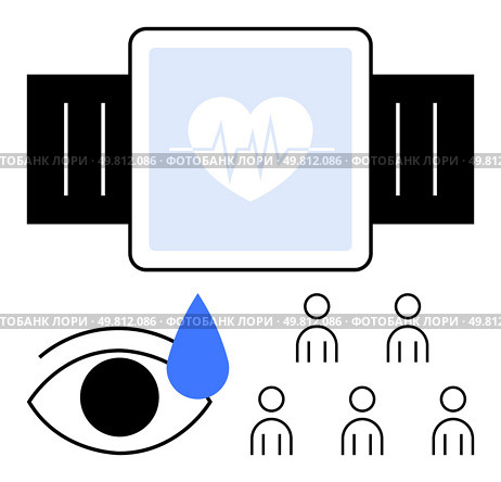 Heart rate watch with heartbeat display, eye with teardrop, and group of people icons. Ideal for health tracking, emotional wellness, community support, fitness, technology, healthcare, and mental. Smart Health Monitoring Heart Rate Watch, Teardrop Symbol, and Community Connections. Стоковая иллюстрация, агентство Ingram Publishing / Фотобанк Лори