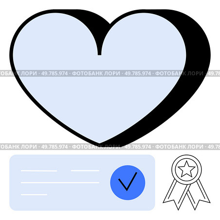 Heart shape with checkmark on document and award ribbon representing approval, certification, and trust. Ideal for quality assurance, safety, endorsement, authentication, customer satisfaction. Heart Shape with Checkmark on Document and Award Ribbon Representing Approval, Certification, and Trust. Стоковая иллюстрация, агентство Ingram Publishing / Фотобанк Лори