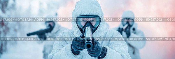 Heavily armed special forces or scientific personnel in white protective suits and gas masks aiming firearms in stark, snow-covered and mysterious winter landscape. Стоковое AI-изображение, AI-художник Данила Большаков / Фотобанк Лори