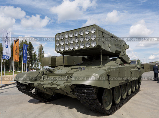 Heavy flamethrower system TOS-1A at the exhibition Of the international military-technical forum "Army-2020". Patriot Park, Odintsovo, Moscow region, Russia. Редакционное фото, фотограф Наталья Волкова / Фотобанк Лори
