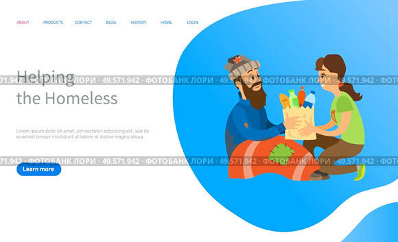 Helping to homeless, woman volunteer giving products to beggar man, charity online for vagabond, poor people, social volunteering, share vector. Website or slider app, landing page flat style. Social Charity to Vagabond, Helping Online Vector. Стоковая иллюстрация, агентство Ingram Publishing / Фотобанк Лори