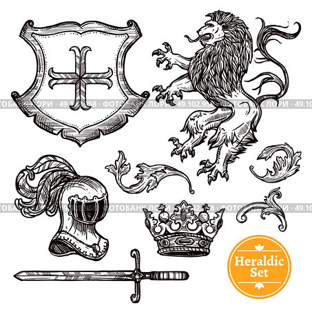Heraldic Symbols Set Black Doodle Sketch. Coat of arms symbols black icons set with heraldic animals and knights weapon doodle vector isolated illustration . Стоковая иллюстрация, агентство Ingram Publishing / Фотобанк Лори