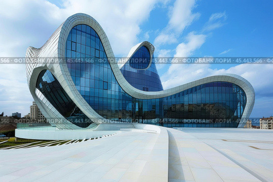 Heydar aliyev center reflecting modern architecture in baku azerbaijan. Стоковое AI-изображение, AI-художник Иван Рябоконь / Фотобанк Лори