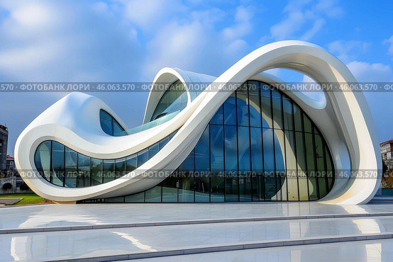 Heydar aliyev center reflecting modern architecture in baku, azerbaijan. Стоковое AI-изображение, AI-художник Иван Рябоконь / Фотобанк Лори