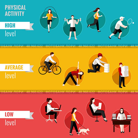 High average and low physical activity level horizontal banners set isolated vector illustration. Стоковая иллюстрация, агентство Ingram Publishing / Фотобанк Лори