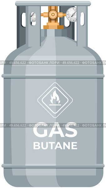 High cylinder, canister with fuel, storage for gas. Metal tank with liquefied compressed petroleum, propane. Pressurized gas cylinder, storage with tap for substance release vector illustration. High cylinder, canister with fuel, storage for gas. Metal tank with liquefied compressed substance. Стоковая иллюстрация, агентство Ingram Publishing / Фотобанк Лори