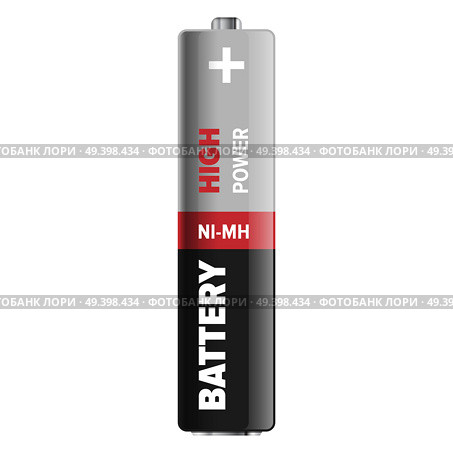 High power nickel-metal hydride type of compact battery isolated on white. Qualitative energy container for long usage in grey and black colors. Small galvanic appliance vector illustration.. High Power Compact NI-MH Battery Illustration. Стоковая иллюстрация, агентство Ingram Publishing / Фотобанк Лори
