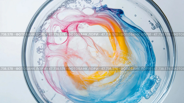 High-Speed Macro Color Burst, Laundry Capsule Dissolving in Water. Высокоскоростная цветная макросъемка, капсула для стирки, растворяющаяся в воде. Стоковое AI-изображение, AI-художник Katsiaryna Repich / Фотобанк Лори