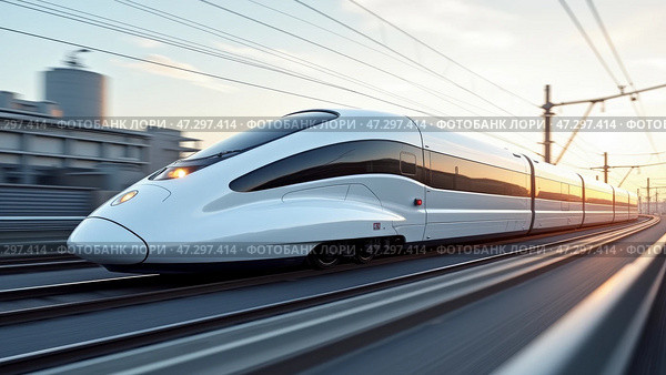 High-speed Train Travels Along Tracks at Sunset in an Urban Area Showcasing Modern Transportation Technology. Стоковое AI-изображение, AI-художник Sergey Grishin / Фотобанк Лори