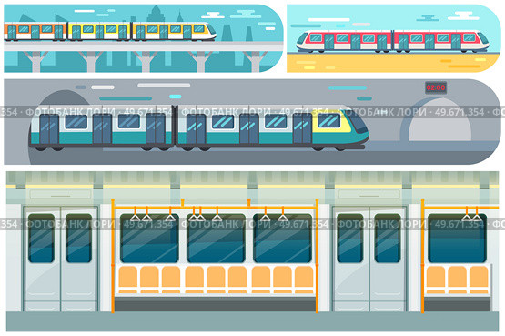 High speed transport leaving tunnel to metro. Public transport, train for transporting metro passengers. Train of subway with automatic doors. Modern tramway at underground station platform. Transport leaving tunnel to metro. Train for transporting passengers at underground station platform. Стоковая иллюстрация, агентство Ingram Publishing / Фотобанк Лори