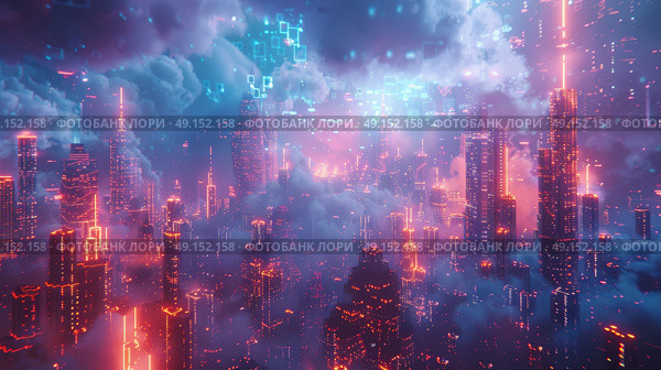 high-tech city where buildings are made of digital clouds, data streams connecting everything, Стоковое AI-изображение, AI-художник Anastasy Yarmolovich / Фотобанк Лори