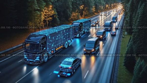 High-tech trucks with illuminated designs navigate a busy highway, reflecting advancements in transportation and automation under city lights. Стоковое AI-видео, аниматор Данила Большаков / Фотобанк Лори
