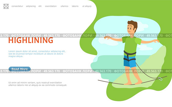 Highlining dangerous hobby of person vector, male wearing special security fasteners balancing on thin line. Risking man on tightrope or pole. Website or webpage template, landing page flat style. Highlining Male, Thin Line Walker Balancing Web. Стоковая иллюстрация, агентство Ingram Publishing / Фотобанк Лори