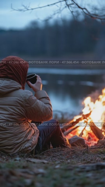Hiker drinking by the bonfire at dusk. Стоковое AI-видео, аниматор Юрий Поздников / Фотобанк Лори