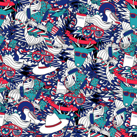 Hipster fashion clothing accessories seamless pattern. Hipster lifestyle fashion clothing and accessories decorative seamless tileable blue and red pattern abstract vector illustration. Стоковая иллюстрация, агентство Ingram Publishing / Фотобанк Лори