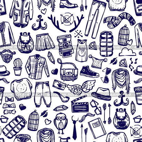Hipster fashion clothing doodle seamless pattern. Hipster lifestyle distinctive fashion clothing and accessories decorative seamless tileable pattern dark marine doodle abstract vector illustration. Стоковая иллюстрация, агентство Ingram Publishing / Фотобанк Лори