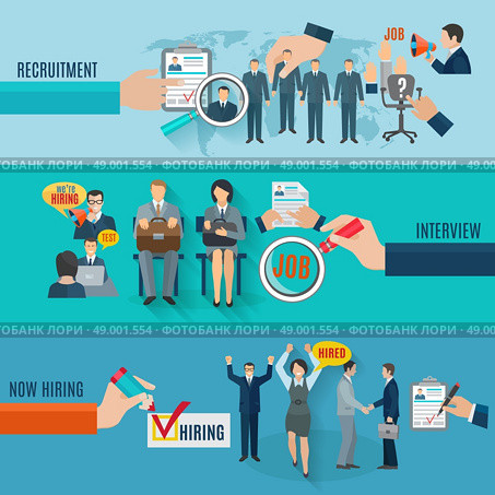 Hire horizontal banner set with recruitment interview flat elements isolated vector illustration. Hire Banner Set. Стоковая иллюстрация, агентство Ingram Publishing / Фотобанк Лори