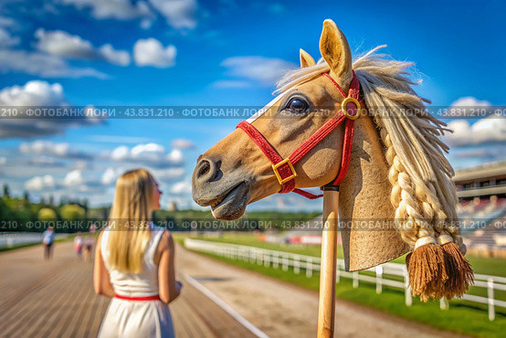 Hobbyhorsing. A new kind of sport. A stick with a horse's head to simulate a horse race. A girl at a horse racing stadium. Стоковое AI-изображение, AI-художник Photojuli / Фотобанк Лори