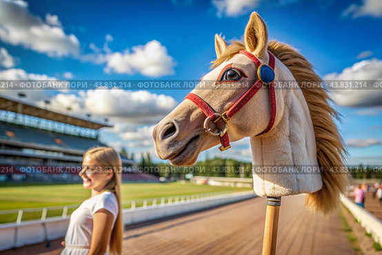 Hobbyhorsing. A new kind of sport. A stick with a horse's head to simulate a horse race. A girl at a horse racing stadium. Стоковое AI-изображение, AI-художник Photojuli / Фотобанк Лори