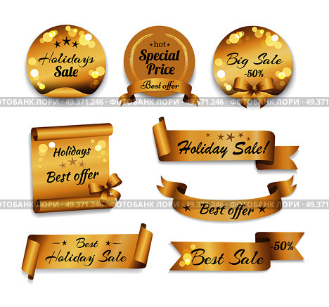 Holiday big best sale -50 and special prices banner. Golden labels in round, square and oblong shapes with designations on price reductions on white in flat style. Festive decorative sale tags. Holidays Big Best Sale and Special Prices Banner. Стоковая иллюстрация, агентство Ingram Publishing / Фотобанк Лори