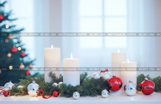 Holiday season backdrop, showcasing a dazzling display of lights, an array of red and gold Christmas trinkets spread on a white, snow-mimicking setting, Christmas celebrations. Стоковое AI-изображение, AI-художник Павел Муравьев / Фотобанк Лори