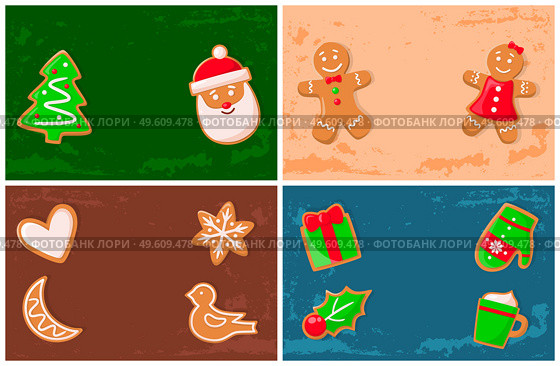 Holly jolly gingerbread man, Santa Claus cookie vector. Presents with bow shape, bird and stars, moon and heart, pine and mistletoe mitten and mug. Holly Jolly Gingerbread Man, Santa Claus Cookie. Стоковая иллюстрация, агентство Ingram Publishing / Фотобанк Лори