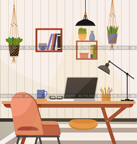 Home office. Interior vector illustration. Work from home. Furniture in office area for durability and practicality Working remotely allows for a flexible schedule and improved work-life balance. Home office. Work from home. Workspace was organized and clutter-free, promoting productivity Office space reflects. Стоковая иллюстрация, агентство Ingram Publishing / Фотобанк Лори